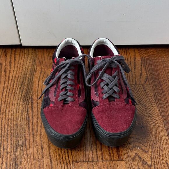 Vans Old Skool Stac Velvet Plaid Port/Black Platform sneaker Size 8.5 - Picture 2 of 5